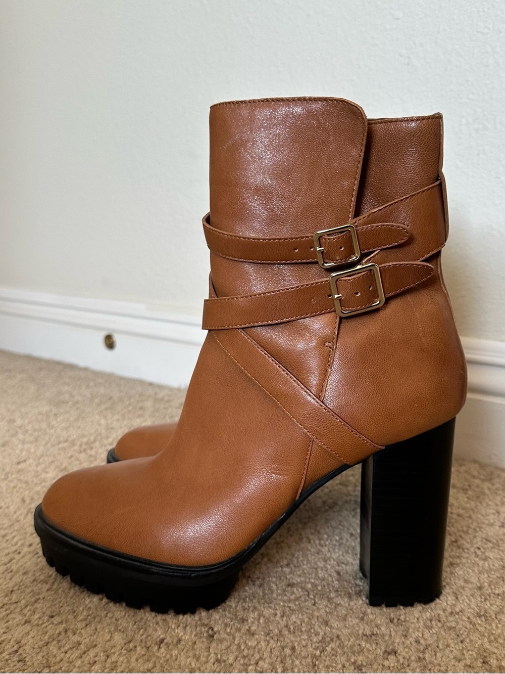 Vince Camuto Cognac Double-Buckle Block Heel Ankle Boots